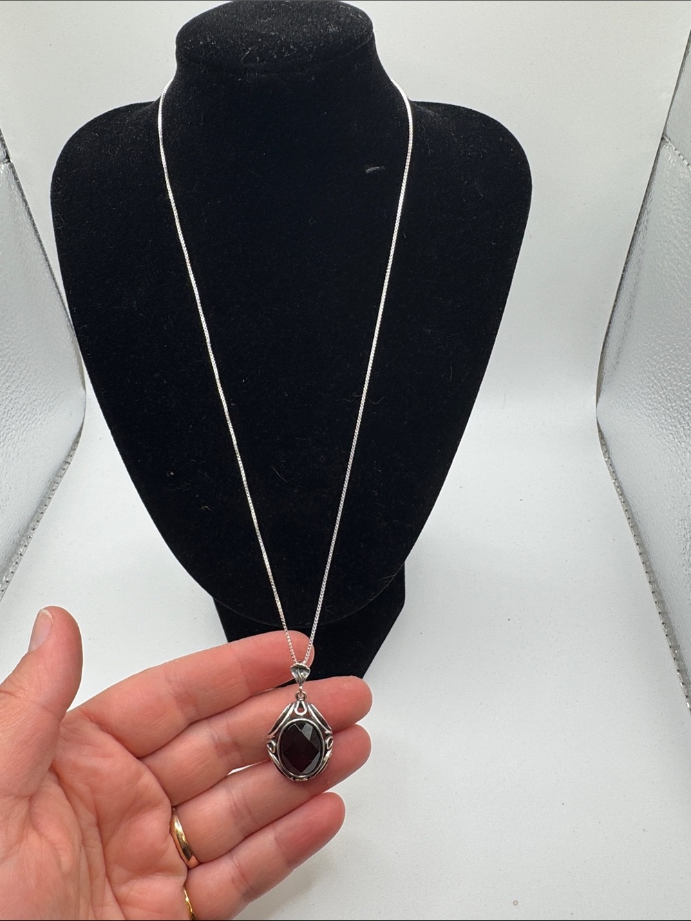 Sterling Silver Garnet Pendant Necklace - Deep Red Gem